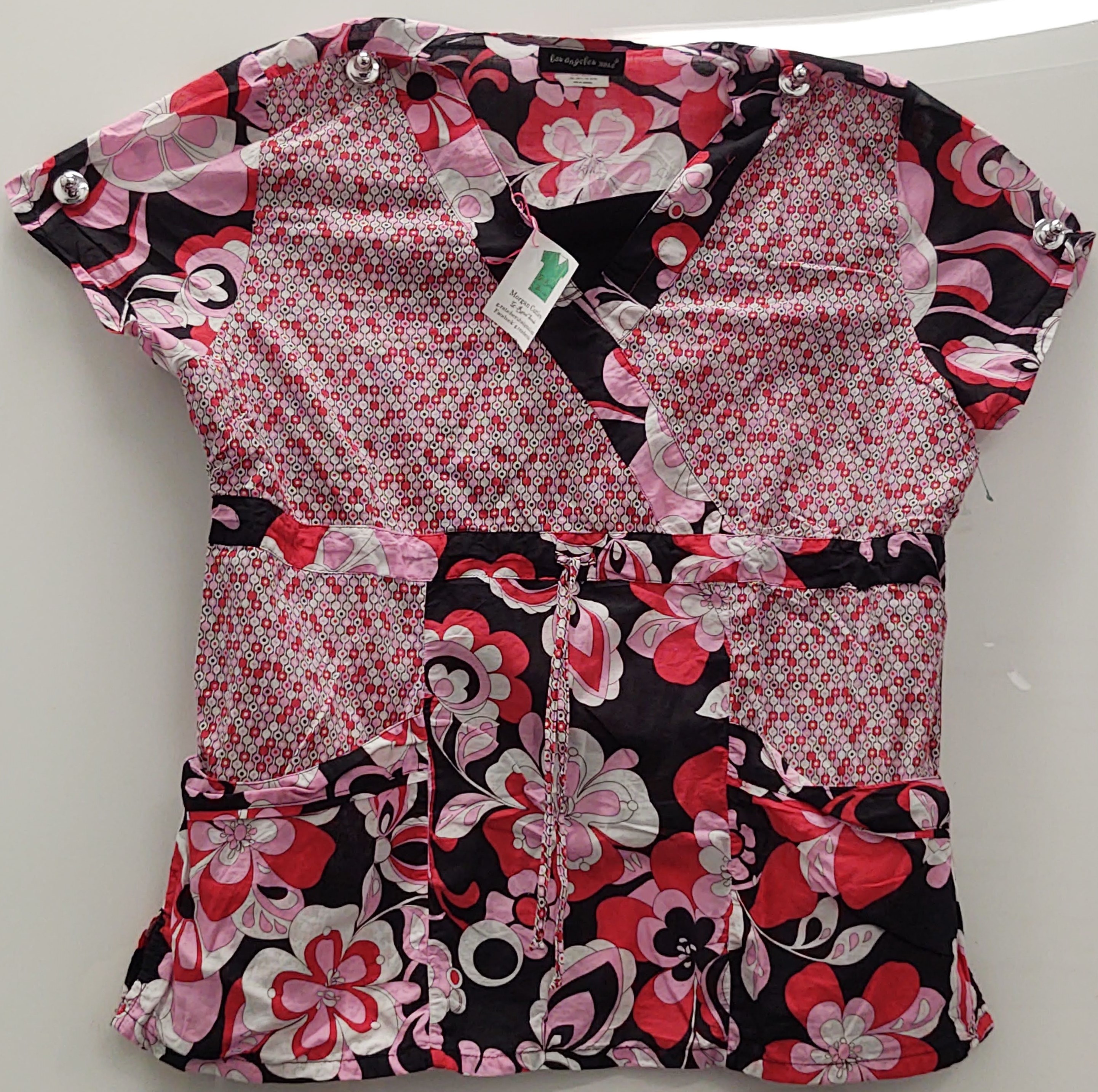 Pink & Black Flowers and Polkadots Scrub Top